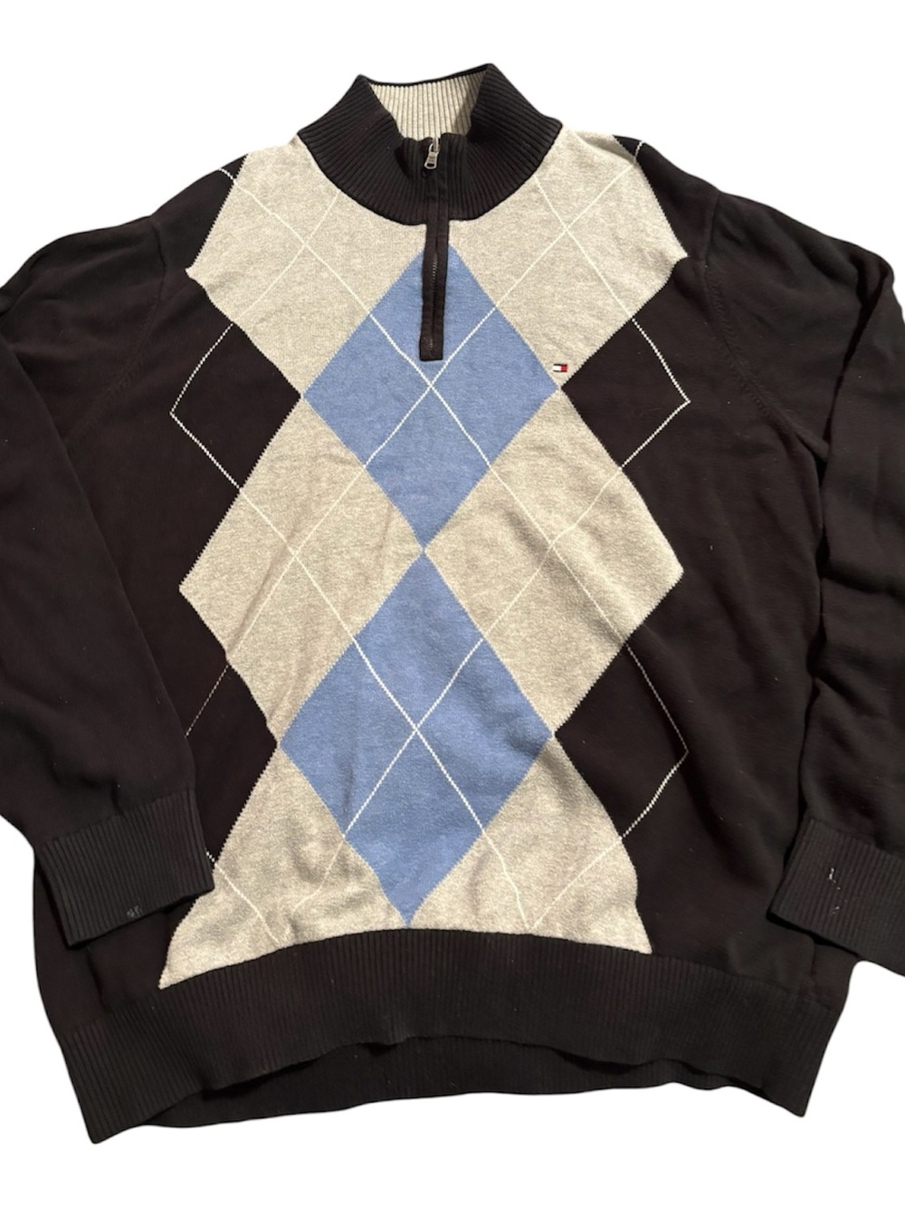 🧳Tommy Hilfiger Men’s Black Argyle Half-Zip Sweater - Blue & Gray